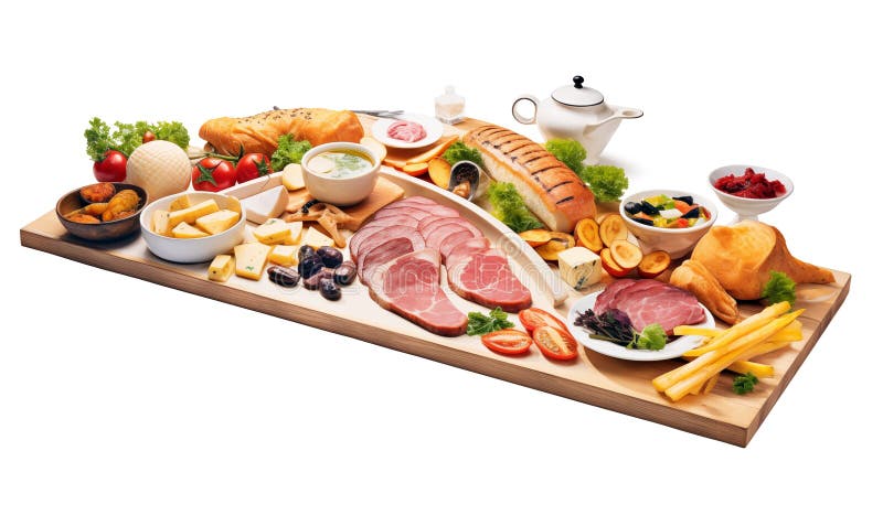Buffet per colazione con varietà di alimenti a bordo di legno isolato su fondo trasparente. illustrazione vettoriale