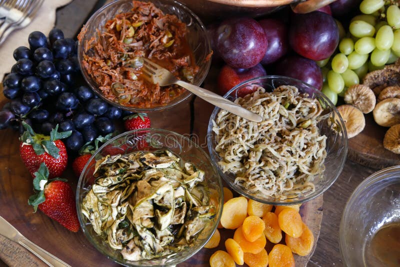 Table with Snacks Party Buffet with Various Savory Foods Stock Photo