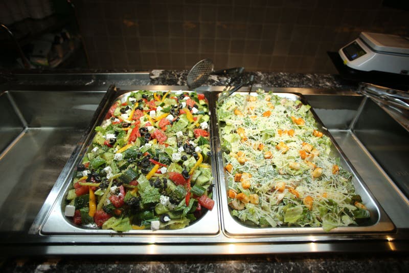 Buffet with Trays of Assorted Food in a Cafeteria Stock Image Image