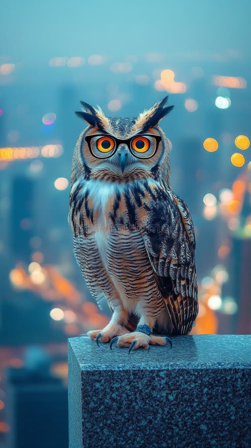 Bufniță cu ochi portocalii strigători, pe un acoperiș de oraș noaptea înconjurată de lumini urbane neclare. Animale sălbatice noct stock photo