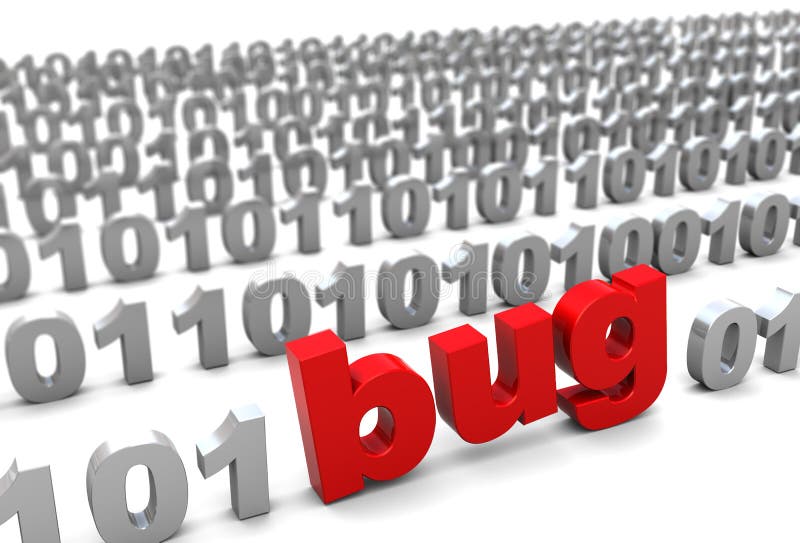 3d illustration of text bug in binary code, over white background