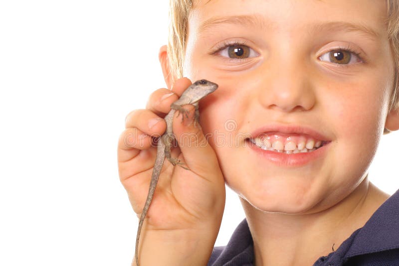 Bug boy with lizard isolated on white