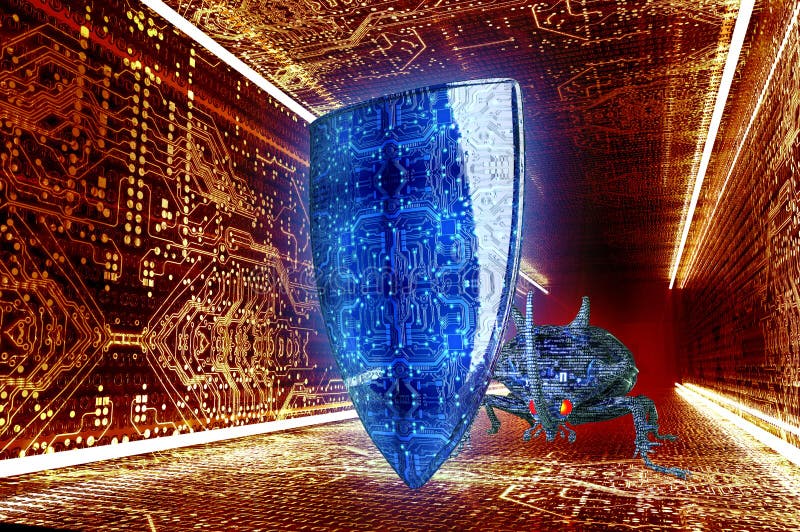 Bug di concetto di sicurezza di Digital nell'ambiente elettronico, 3 illustrazione vettoriale Bug di concetto di sicurezza di Digital nell'ambiente elettronico, 3 illustrazione vettoriale