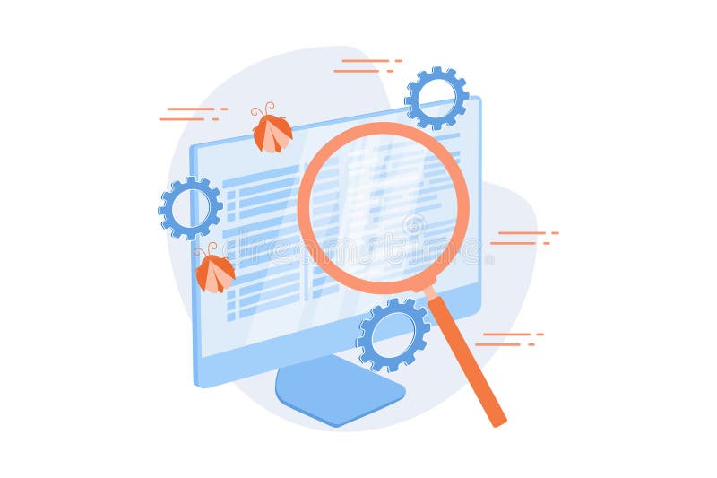 Bug fixing and software testing. Computer virus searching tool. Devops, web optimization, antivirus app. Magnifier, cogwheel and vector illustration
