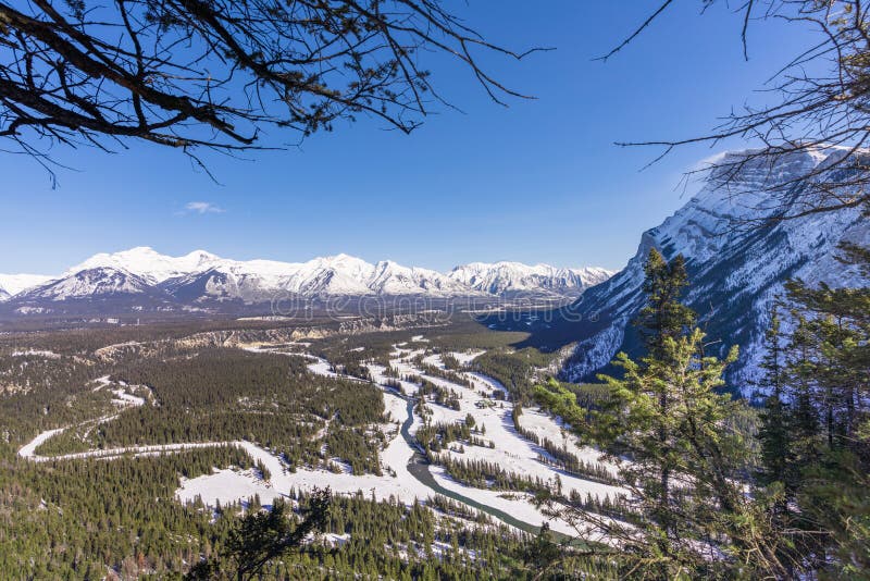 Bow River and Spray River valleys and surrounding peaks in winter. Banff Springs Golf Course. Banff National Park, Canadian Rockies, Alberta, Canada. Bow River and Spray River valleys and surrounding peaks in winter. Banff Springs Golf Course. Banff National Park, Canadian Rockies, Alberta, Canada.