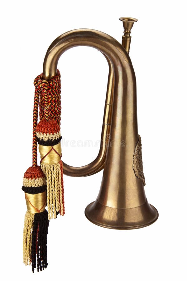 Isolated Bugle - A bugle is a brass instrument like a small trumpet, typically without valves or keys and is used for military signals. All pitch control is done by varying the player's embouchure. Consequently, the bugle is limited to notes within the harmonic series. Bugle call scores all consist of only five notes. Isolated Bugle - A bugle is a brass instrument like a small trumpet, typically without valves or keys and is used for military signals. All pitch control is done by varying the player's embouchure. Consequently, the bugle is limited to notes within the harmonic series. Bugle call scores all consist of only five notes.