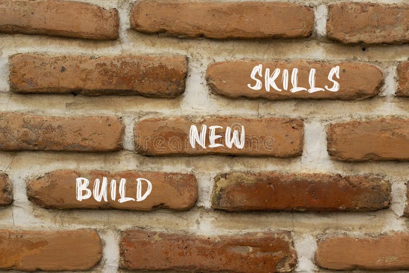 Build new skills symbol. Concept word Build new skills on beautiful red brown bricks. Beautiful red brown brickwall background. stock photo