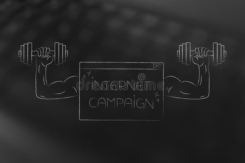 Internet campaign pop-up message with muscled arms holding dumb vector illustration