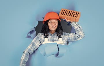 Builder Assistant Wear Protective Helmet Girl In Workshop Uniform 