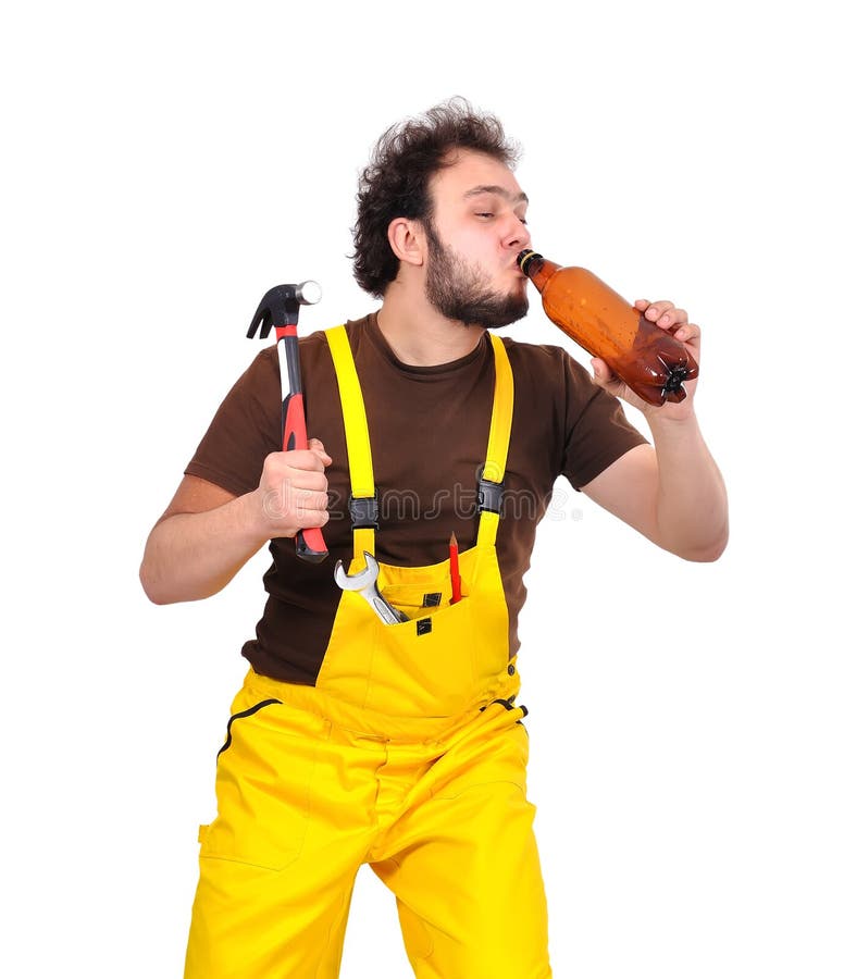 Builder with Beer and Hammer Stock Photo Image of lager, hammer 34850486