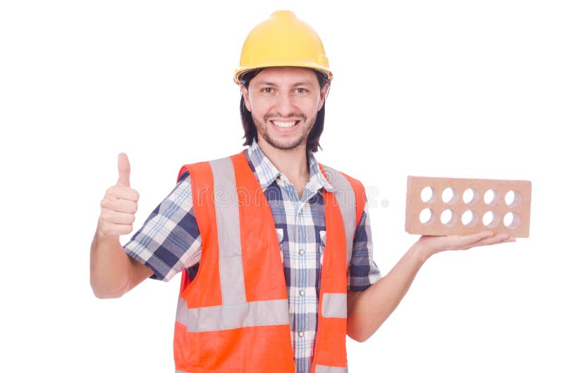 Builder with clay bricks stock photo. Image of cement 36371462
