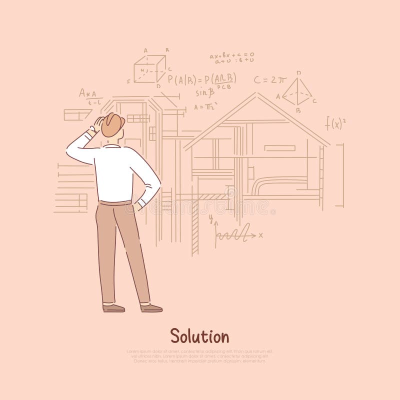 Builder considering engineering solution, architect calculating house, dwelling place construction banner stock illustration Builder considering engineering solution, architect calculating house, dwelling place construction banner stock illustration