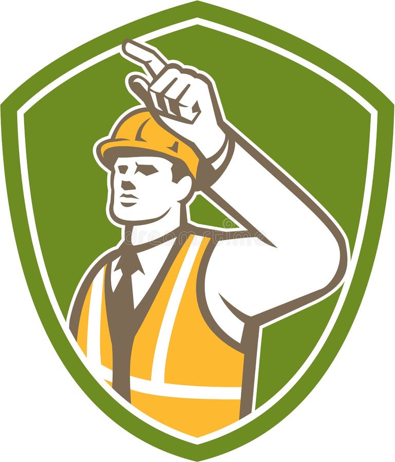 Builder Construction Worker Pointing Shield Retro royalty free illustration