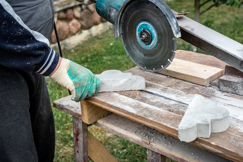 Builder Cuts Paving Slab Using Electric Saw Stock Image Image of
