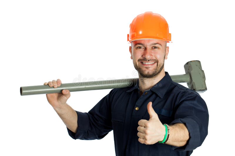 Builder with hammer isolated on white background