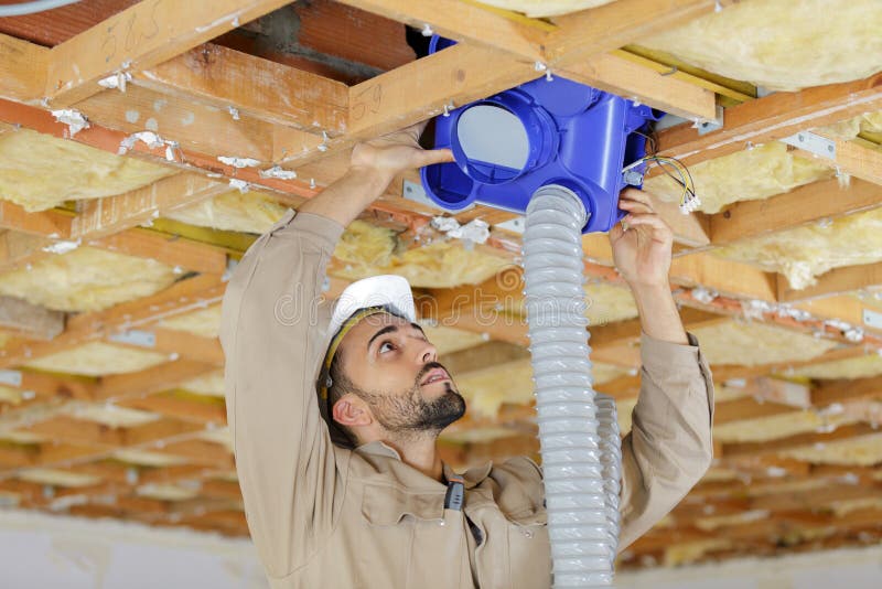 Builder Installing Air Conditioning Pipes Stock Photo Image of power