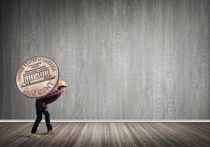Builder man carry coin stock photo. Image of currency 78467088