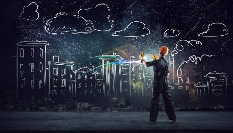 Builder man using media interface . Mixed media royalty free stock photos Builder man using media interface . Mixed media royalty free stock photos