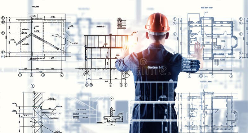 Builder man using media interface . Mixed media royalty free stock photography Builder man using media interface . Mixed media royalty free stock photography