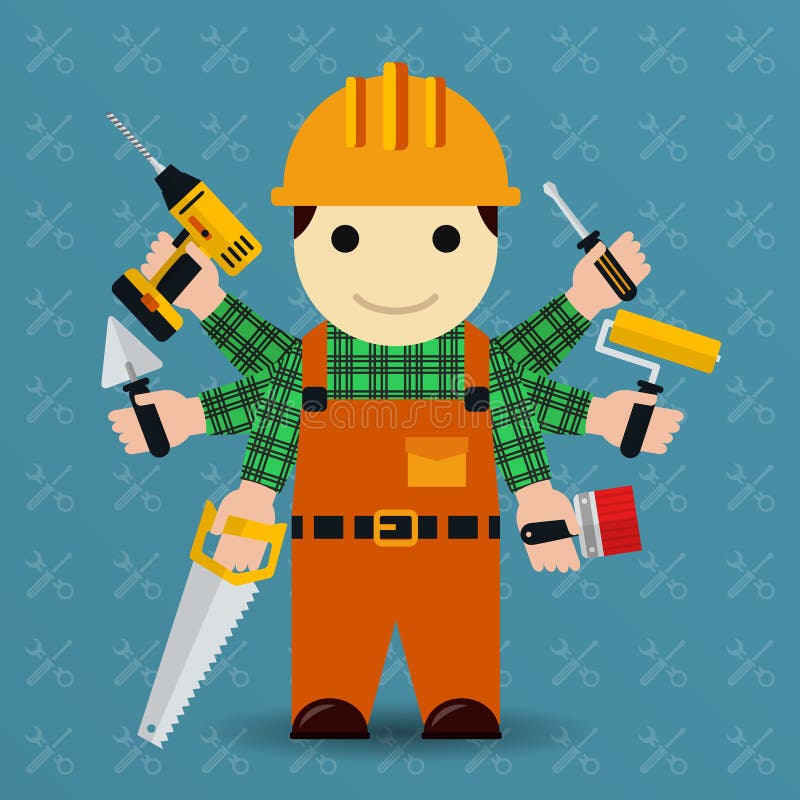 3d Handyman With Six Arms Multitasking Concept Stock Illustration ...