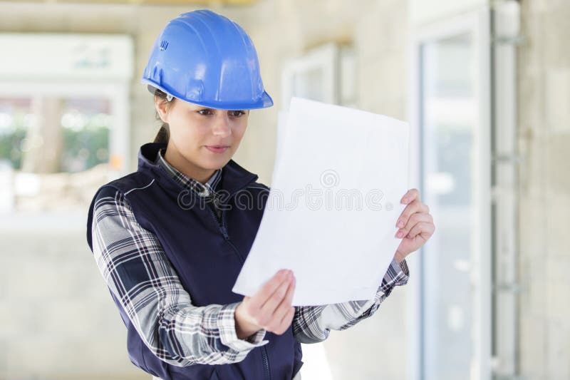 Builder Woman at Construction Site with Helmet and Project Plan Stock Photo Image of girl