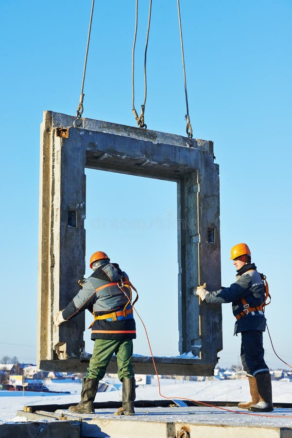 Builder Worker Installing Concrete Panel Stock Image - Image of