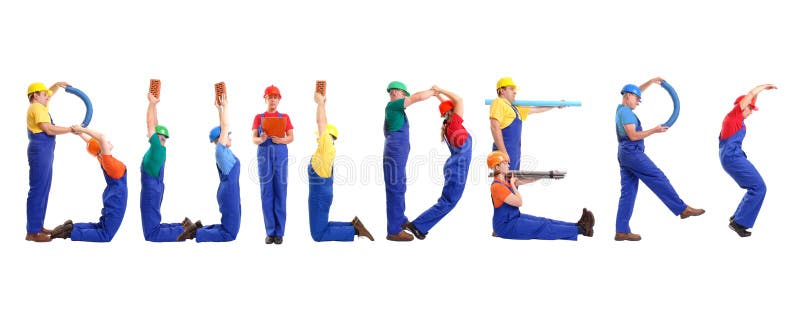 Gruppo di giovani che indossano uniformi di colore diverso e duro cappelli formando Costruttori parola isolato su sfondo bianco.