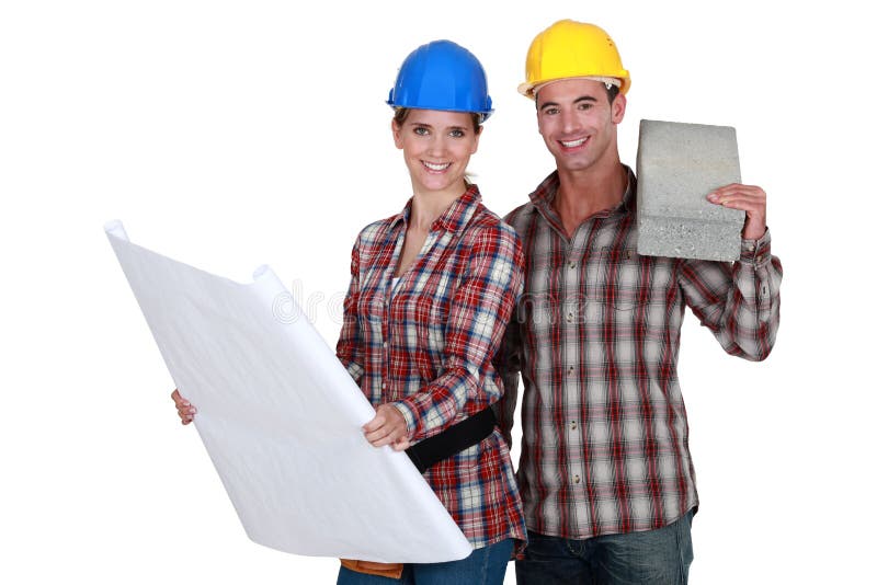Builders with Concrete Block Stock Photo - Image of cement, displayed