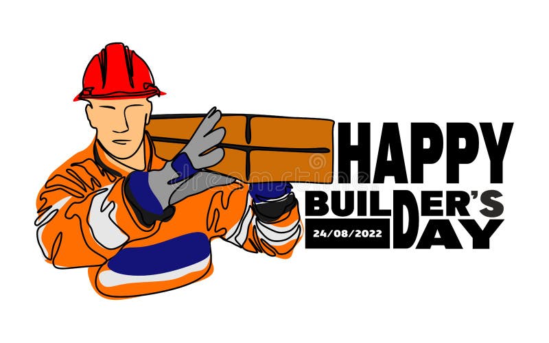 A builder in uniform and a helmet, with construction equipment carries construction goggles on his shoulder. Builders day, engineers day, crane operators day, architects day, labor day concept vector illustration