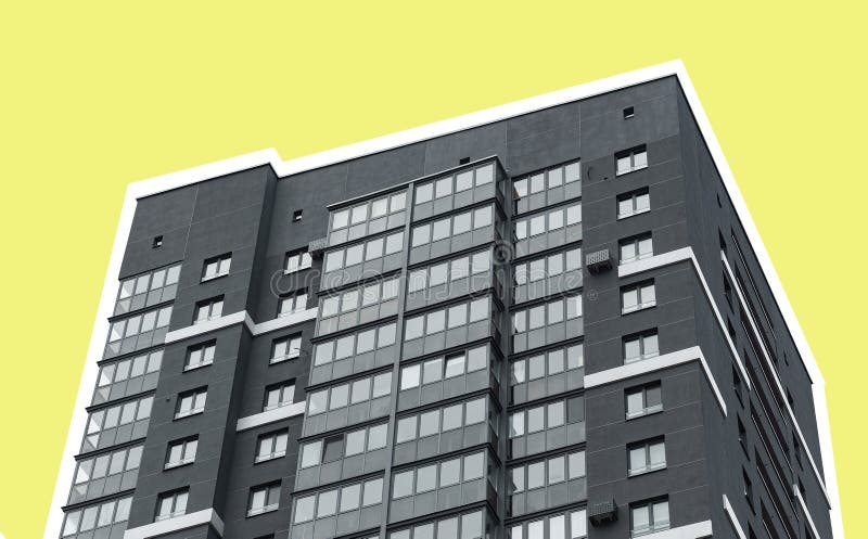 Building with abstract modern architecture. Urban high rise apartment with geometric facade, yellow