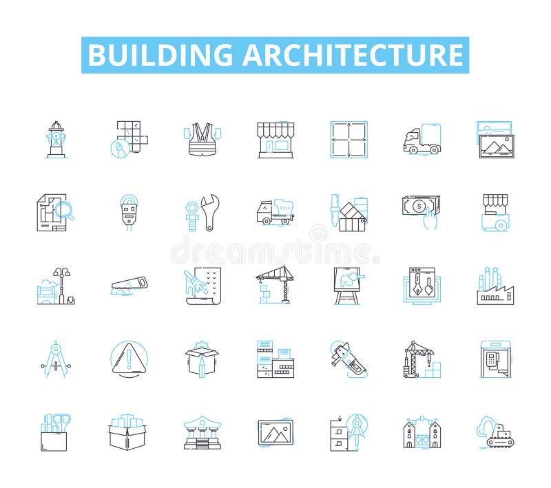 Building Architecture Linear Icons Set. Skyscraper, Blueprint, Facade ...