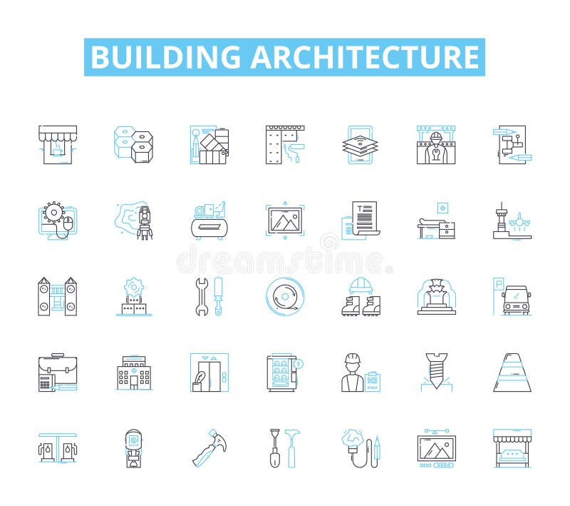 Building architecture linear icons set. Skyscraper, Blueprint, Facade, Columns, Foundations, Roofing, Materials line stock illustration