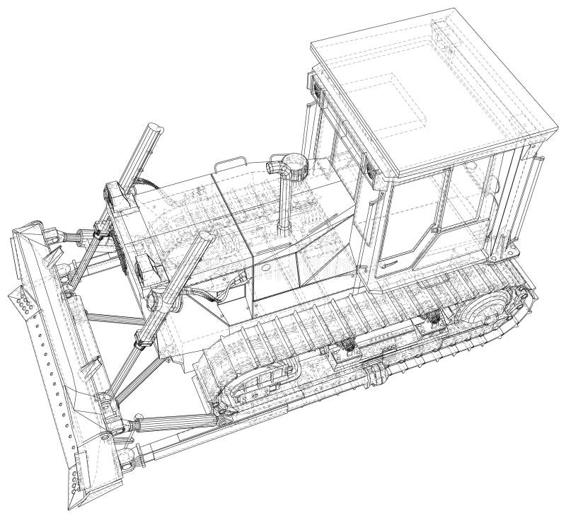 Building bulldozer illustration vector. Wire-frame line isolated. Vector rendering of 3d royalty free illustration
