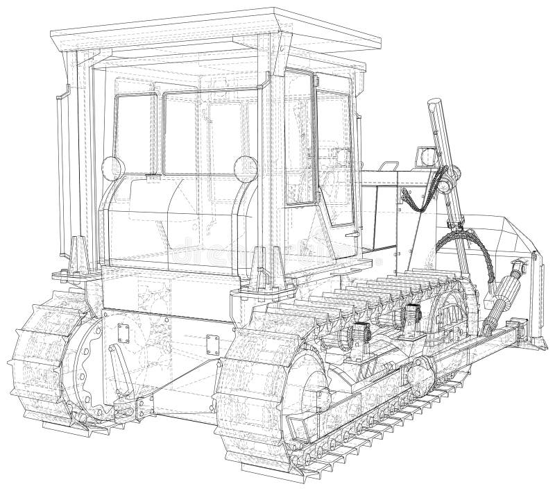 Building bulldozer Isolated. 3D rendering. Wire-frame. The layers of visible and invisible lines are separated. EPS10 format.