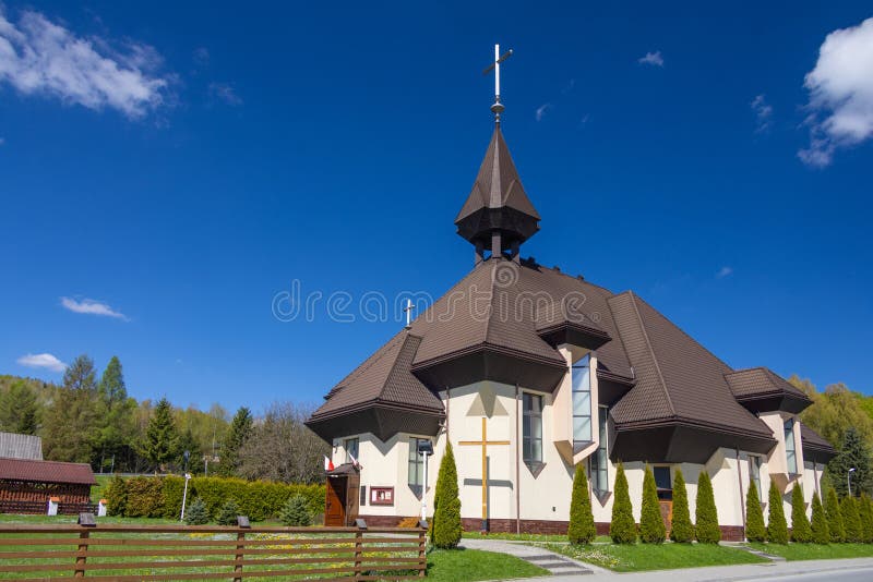 The building of the Catholic church in Krynica. stock photography