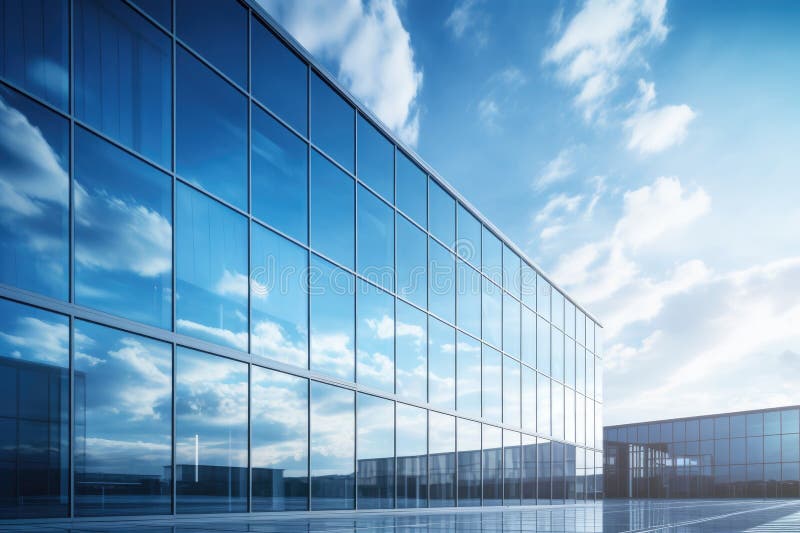 Building with dark reflective windows. Facade, Sky and Clouds stock illustration
