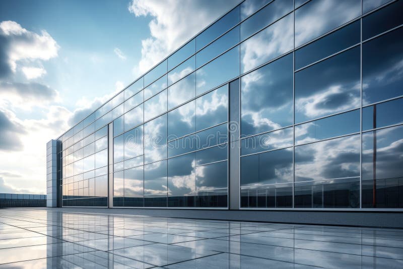 Building with dark reflective windows. Facade, Sky and Clouds vector illustration