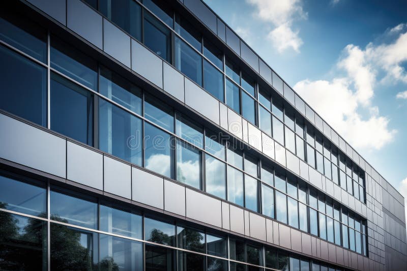 Building with dark reflective windows. Facade, Sky and Clouds stock illustration