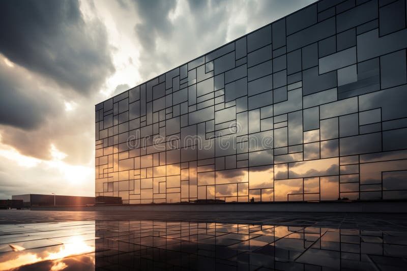 Building with dark reflective windows. Facade, Sky and Clouds vector illustration