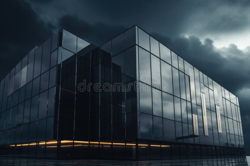Building with dark reflective windows. Facade, Sky and Clouds vector illustration