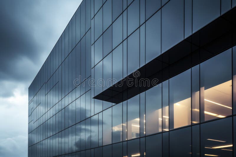 Building with dark reflective windows. Facade, Sky and Clouds vector illustration
