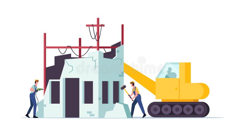 Building Demolition Concept. Builders Male Characters in Uniform and Heavy Machinery Demolishing Home Hitting Walls vector illustration