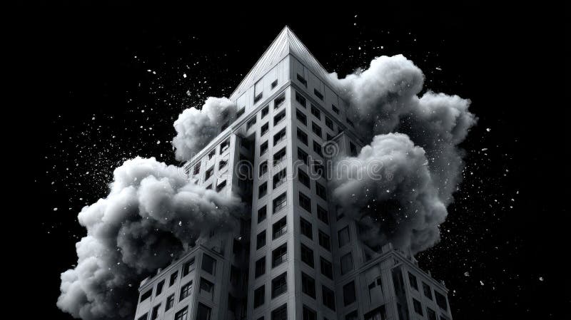 Building is engulfed in dramatic explosion with billowing smoke clouds royalty free stock photos