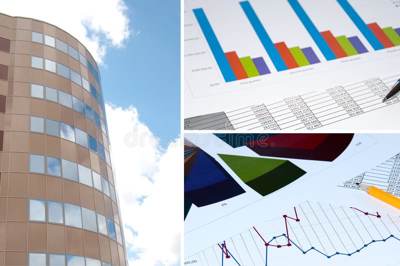 Building and financial chart, business collage royalty free stock photos Building and financial chart, business collage royalty free stock photos
