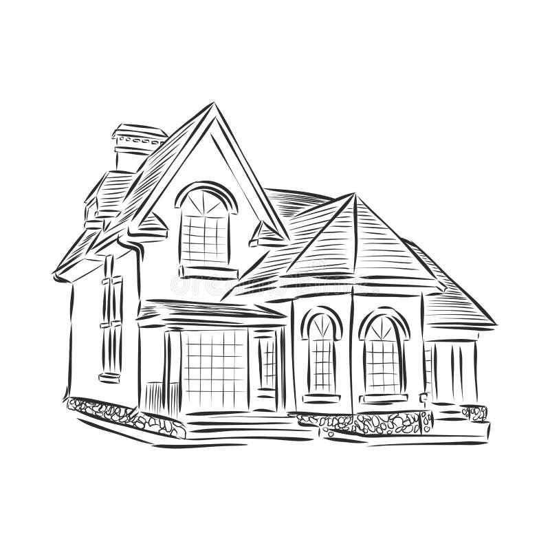 Building Hand Drawing, House Vector Sketch Illustration, Architecture