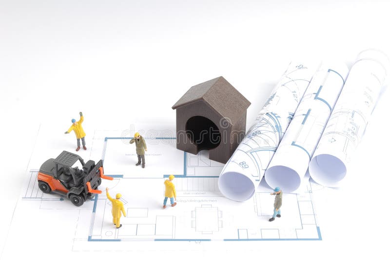 Building House On Blueprints With Worker Construction Stock Image 