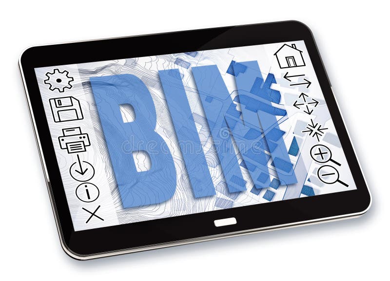 Building Information Modeling BIM, a new way of architecture designing - concept image with a 3D render of a digital tablet and vector illustration