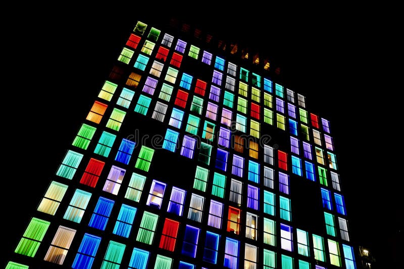 Building with Neon Lights on Its Windows Stock Photo Image of