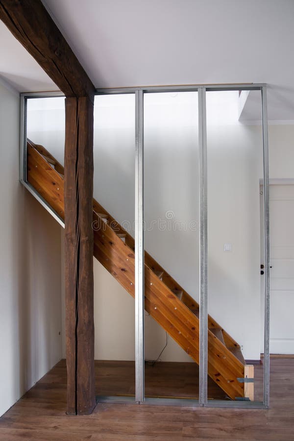 Building a new drywall in to old home living room using metal frame construction and gypsum plasterboard.