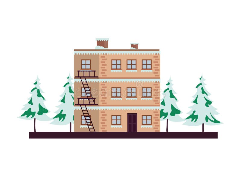 Building and pines with snow winter season stock illustration